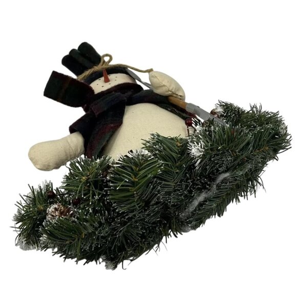 Christmas Snowman On Grass Sled Plush Doll With Shovel & Greenery Wreath Festive - Picture 3 of 7